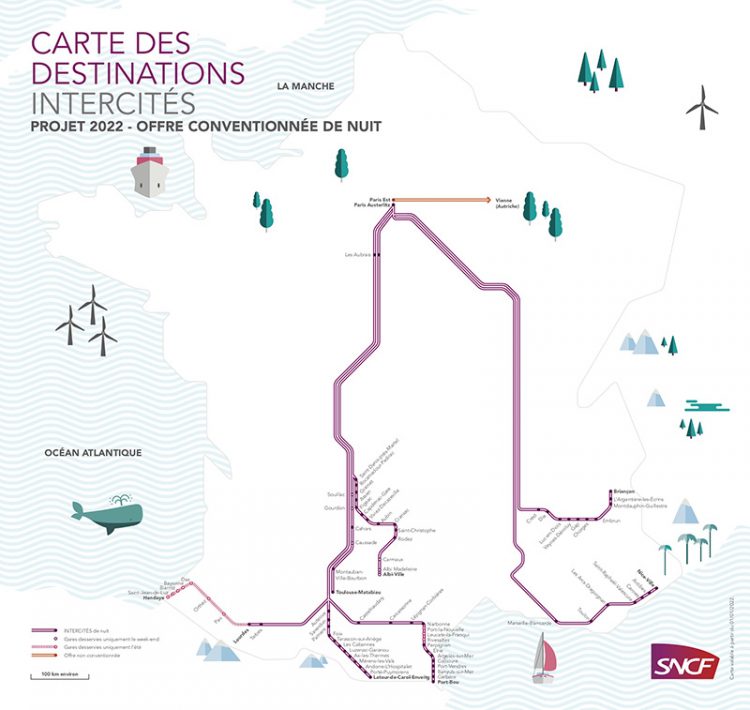 Carte de France représentant les différentes lignes de train de nuit actives à l'été 2022.