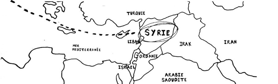 Illustration d'une carte représentant la Syrie, l'Irak, l'Arabie Saoudite. La Syrie y est entourée à la main pour montrer que c'est l'objectif à atteindre.