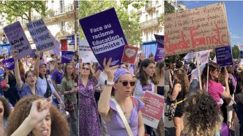 Montage de trois photos de militantes féministes manifestant le 23 Juin à Paris, contre le Rassemblement nationale et pour les droits des femmes.