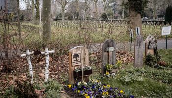 Le cimetière écologique au premier plan dialogue avec le cimetière dédié au morts des deux guerres mondiales au deuxième plan, le 20 février 2024 © Nicolas Moraud